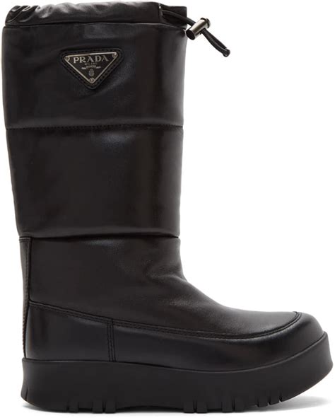 prada black leather moonboots|Prada leather knee high boots.